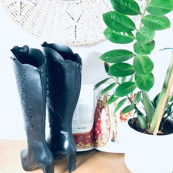 Bellini Celine Black Leather Women Laser Cut Knee High 3.5"Heel Boots - Picture 4 of 5